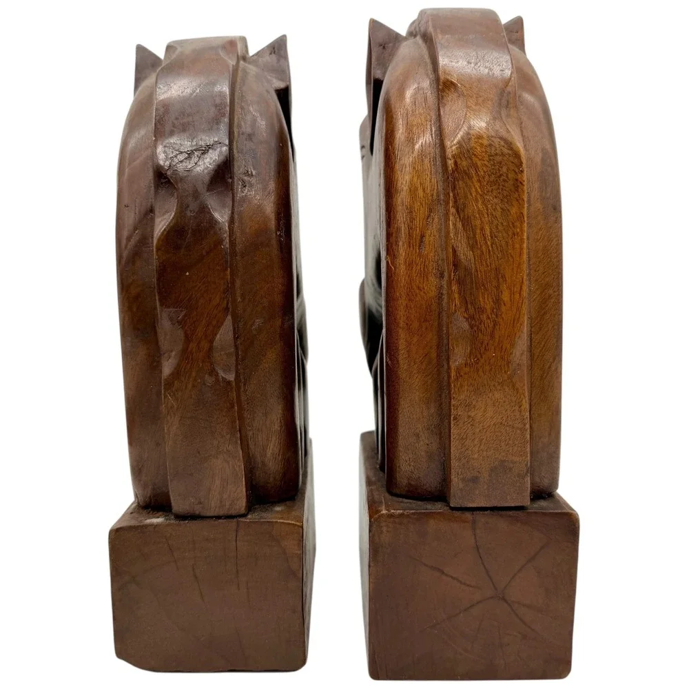 Vintage Hand Carved Wooden Horse Head Bookends Mid Century Modern Dark Wood Pair